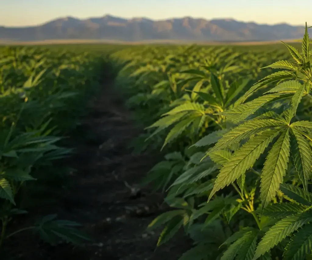 Hemp plants in a Colorado field at golden hour, mountains behind