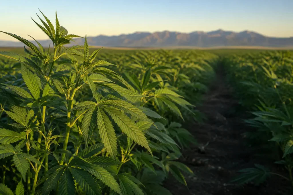 Rows of hemp plants in a Colorado field at golden hour