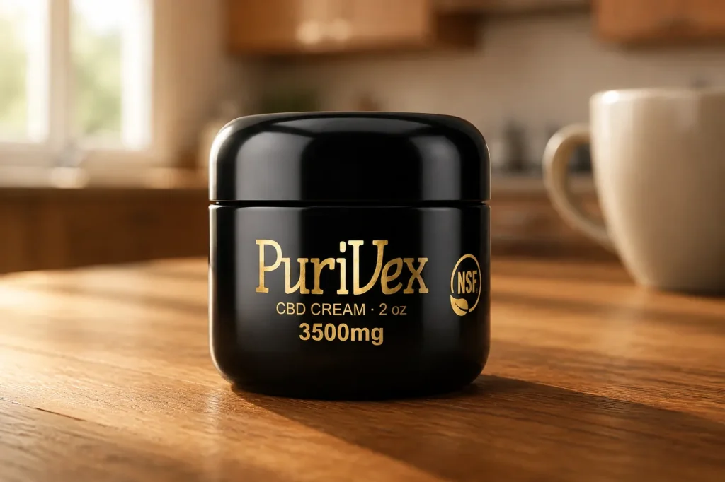 Purivex jar on a kitchen table with the front label facing the camera
